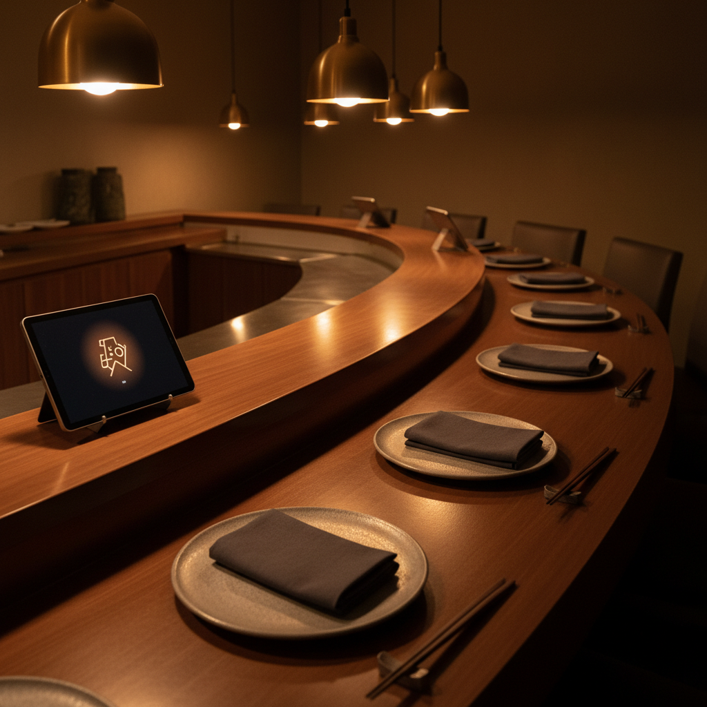 A close-up, photographic realistic scene of the central section of the Namazu sushi counter, all 12 to 14 seats visible in a smooth arc, each place set with a minimalist stoneware plate, a folded dark linen napkin, and chopsticks aligned perfectly parallel to the counter’s edge. At the far end, a small, sleek tablet on a discrete stand glows gently, symbolizing online reservations and contact, while a tiny, non-legible map icon glows softly on its screen. Warm, golden pendant lights above create an intimate glow, with reflections gliding along the counter’s lacquer. Shot from a wide, slightly elevated angle, sharp focus throughout, the mood is exclusive yet welcoming, emphasizing the limited capacity and the thoughtful reservation-focused design of the space.