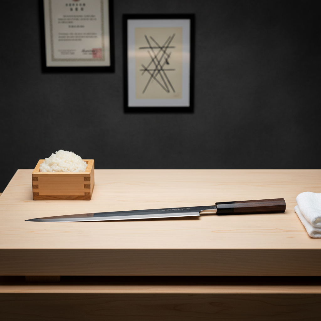 A refined still life of the chef’s workspace at Namazu, without any human presence: an immaculate cutting board of pale Japanese cypress, a mirror-polished yanagiba knife with a dark wood handle resting precisely parallel, a folded white cotton cloth, and a small wooden box filled with glistening sushi rice. Behind, subtly framed on a textured dark wall, two elegant, slightly blurred certificates and a simple, abstract line drawing hint at the chef’s biography and years of training without readable text. Soft, focused overhead lighting creates crisp highlights on steel and subtle shadows on the wood, in a photographic realistic style. Captured at eye level with a balanced composition, the scene feels disciplined, meticulous, and sophisticated, communicating the chef’s skill and story through tools and thoughtful decor.