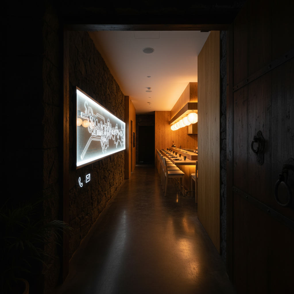 An atmospheric photographic view from the entrance of Namazu, looking down a narrow corridor of dark, textured walls that opens into the warm glow of the omakase counter at the back. On one side wall, a minimalist backlit panel shows an abstract map-like graphic suggesting the L’Eliana location and subtle icons for phone and email, none with readable text. The counter at the far end, set for 12–14 seats, becomes the visual focal point, bathed in golden, diffused light. The foreground remains slightly in shadow, creating a sense of discovery and exclusivity. Shot with a slight wide-angle lens, using leading lines and deep focus, the mood is elegant, mysterious, and inviting, guiding guests visually from street to seat.